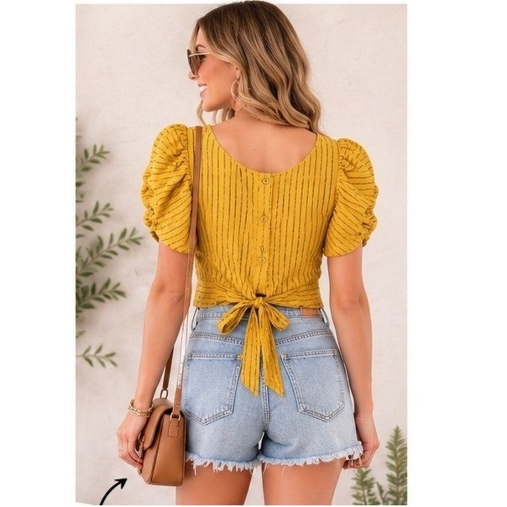 Milk & Honey Mustard Yellow Striped Puff Sleeve Tie Back Crop Top Blouse M
